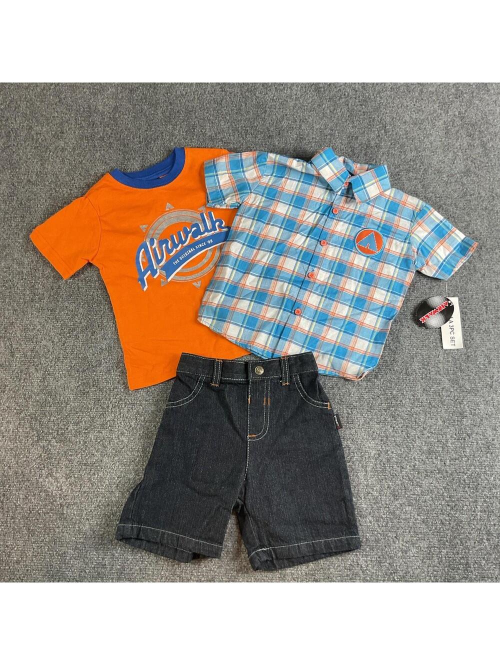 Air Walk 3 Pcs Set 24 Month T Shirt Button Up And Shorts Blue Orange
